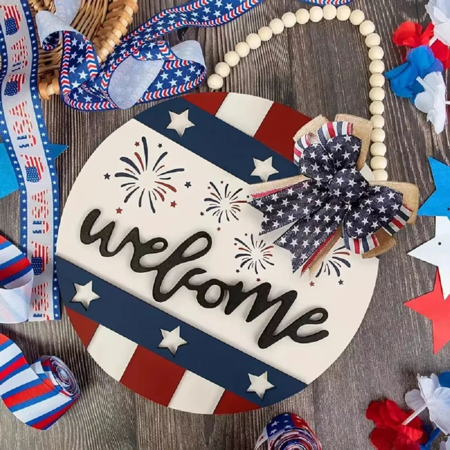 

4th of July Door Sign, Independence Day welcome bead tag, Wooden Sign Independence Day Decorations