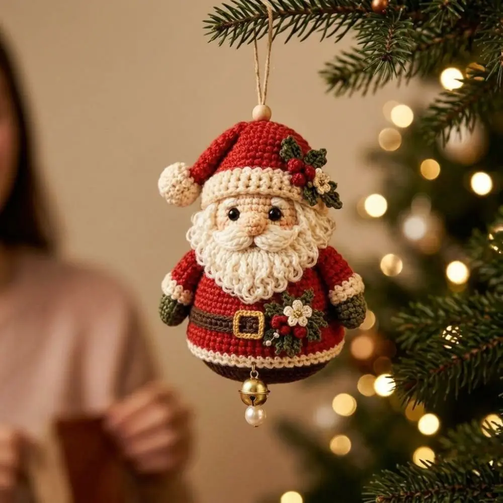 Knitted Christmas Crochet Ornament Kit Tree Hanging with Bell Santa Claus Sewing Craft Kit Handmade Hand-Knit