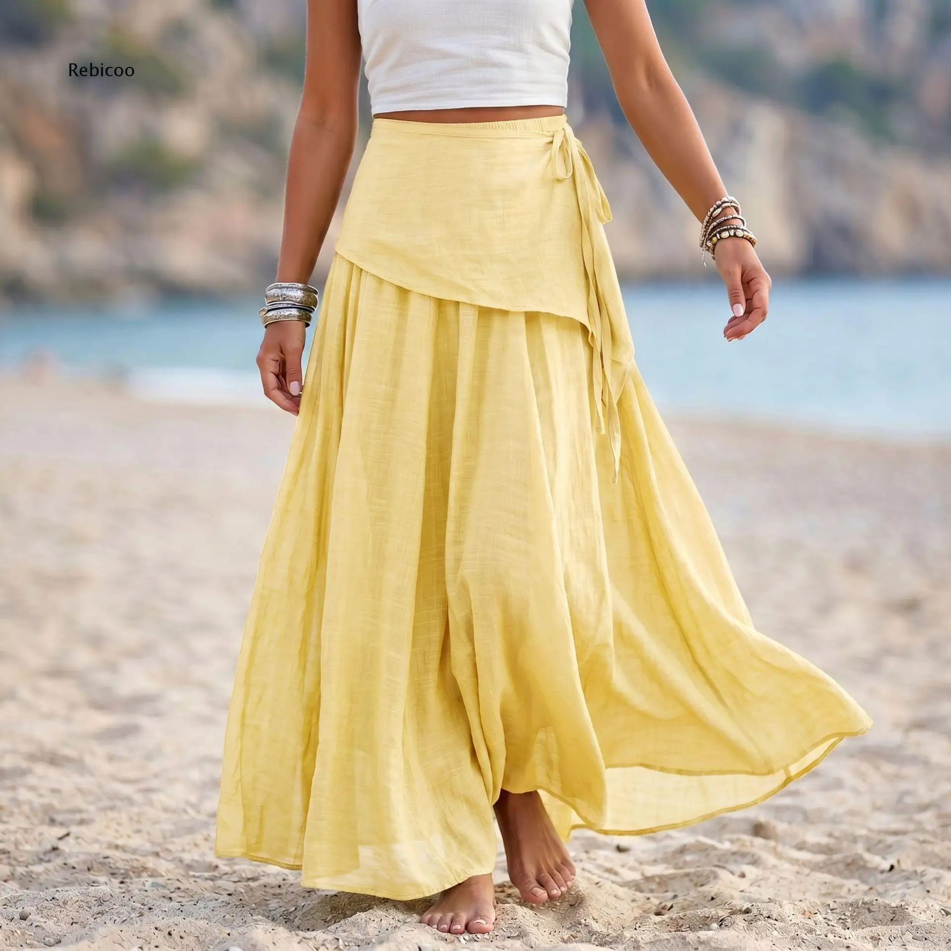 Ladies Side Tie Wrap Long Maxi Skirt Elastic High Waist Lightweight Flowy Skirt For Beach Activities And Holiday Daily Occasions