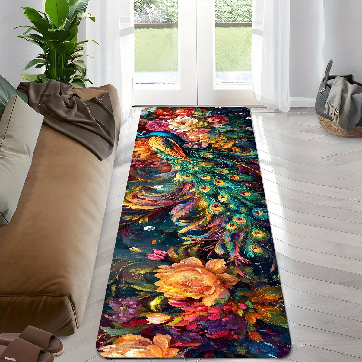 Oil Painting Peacock Peony Flower Runner Mat Anti Slip Absorbent Rug Colorful Bird Floral Print Carpet for Bedroom Kitchen Room