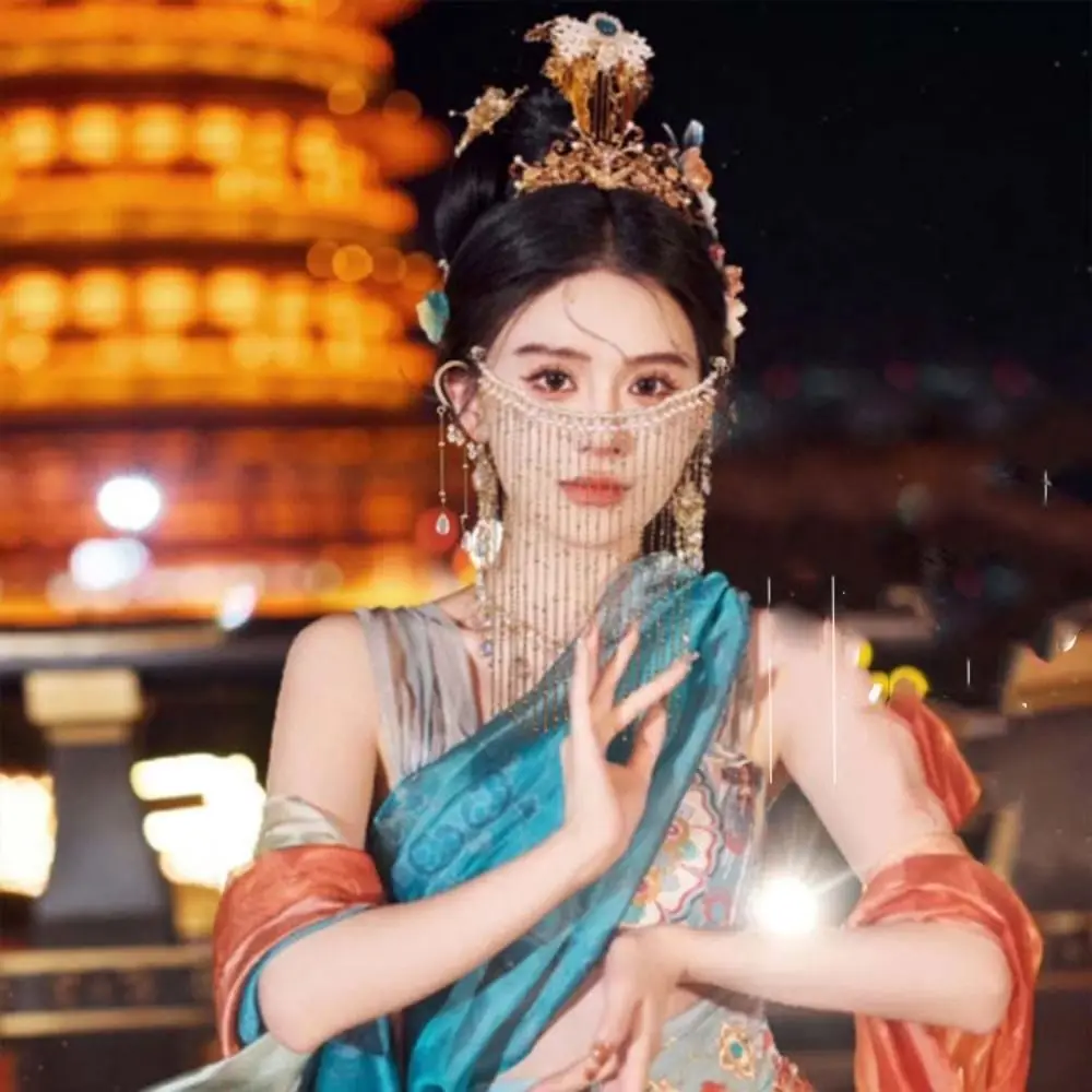 럭셔리 진주 Hanfu 얼굴 체인 귀 걸이 머리 장식 황금 요정 마스크 술 고대 스타일 신비한 베일 파티