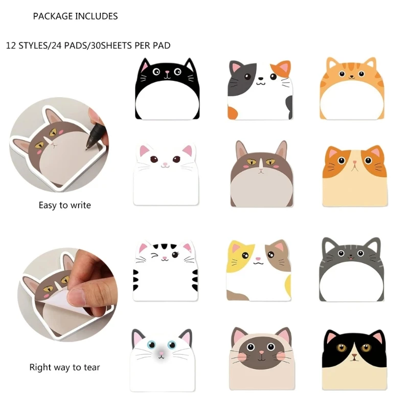 12Pieces Cartoon Cats Sticky Note Paper Ashesive Note Pad Memo Pad Unruled Sticky Note Reminder on Fridges Door Computer