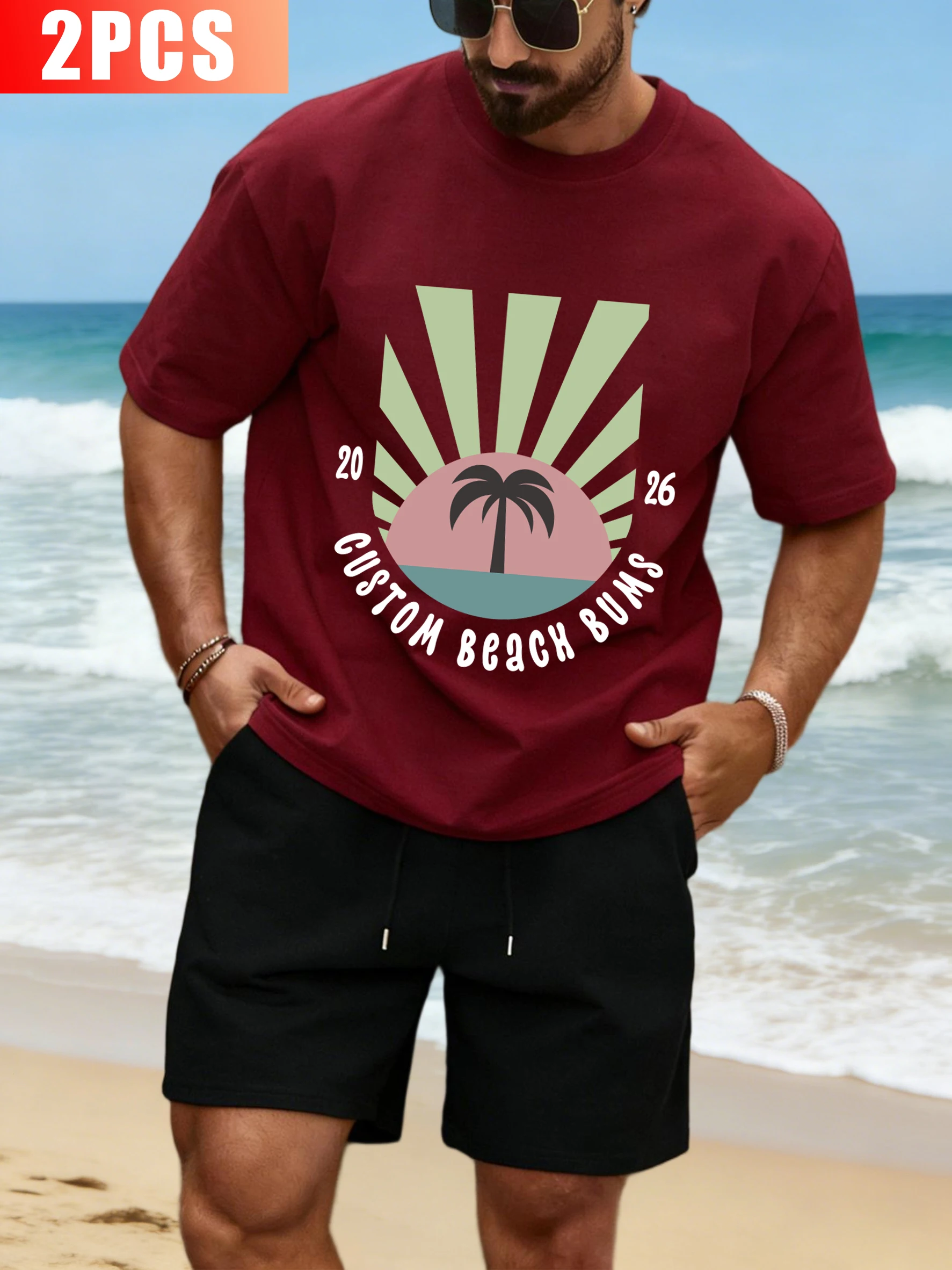 

Customized Seaside Vacation Plan Design T-Shirts Set Men Summer Crewneck Tee Loose Drawstring Shorts Unisex Cotton Clothing