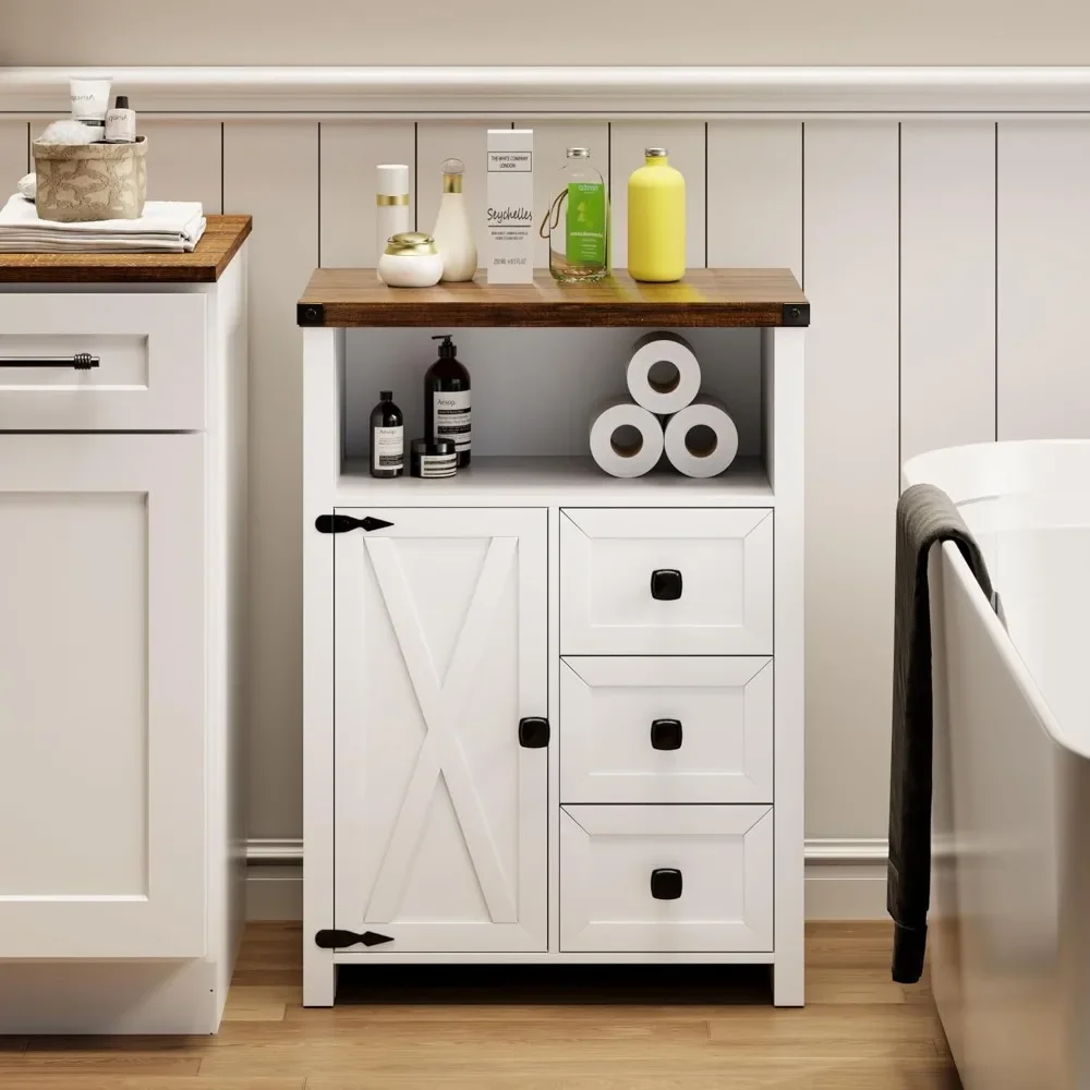 

Bathroom Floor Cabinet, Farmhouse Storage Cabinet with 3 Drawers and 1 Cupboard, Small Freestanding Storage for Kitchen/Living