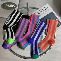 1 pairs High Saturation Dopamine Color Striped Ins Trendy Skateboard Sports Style Vertical Striped Mid Length Socks