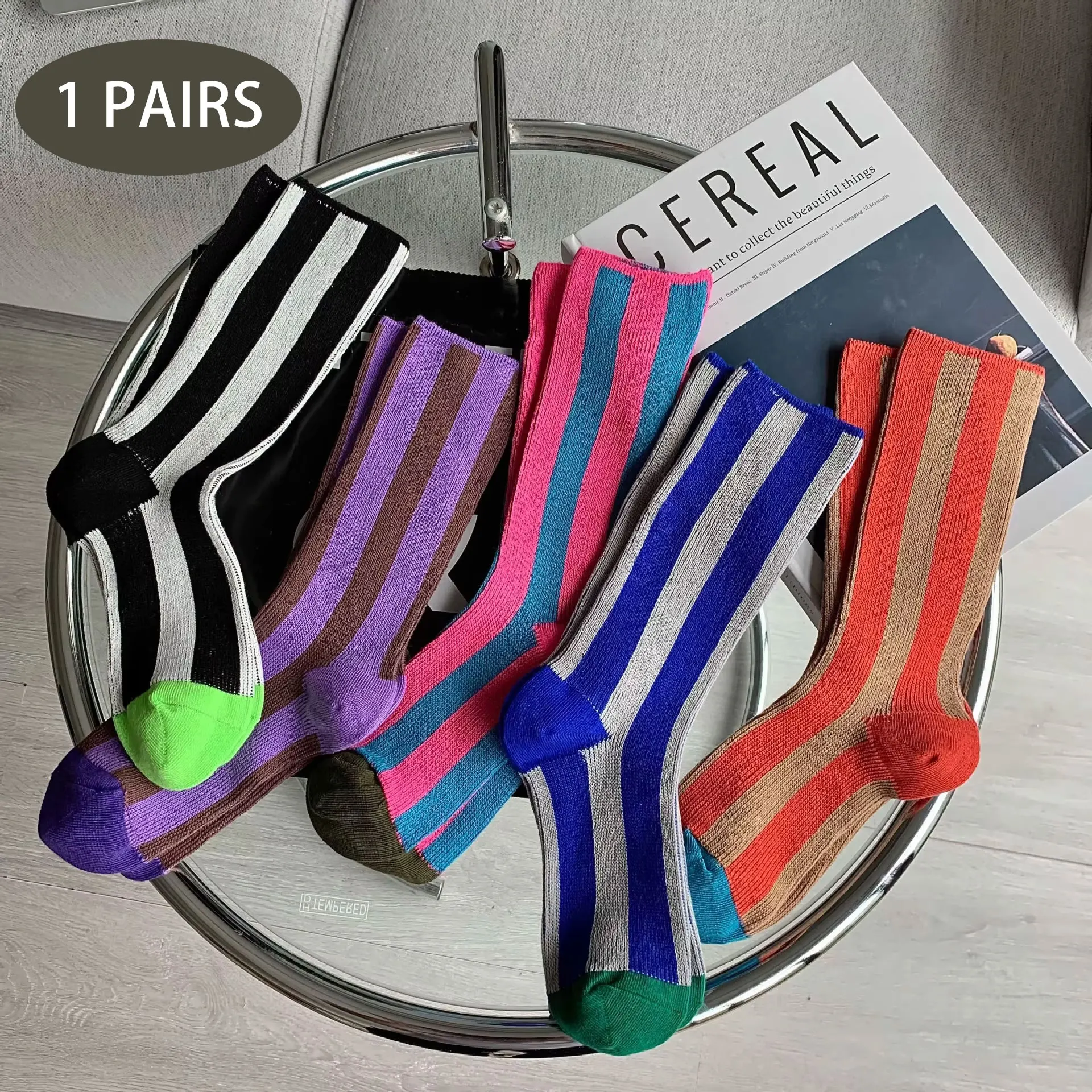 1 pairs High Saturation Dopamine Color Striped Ins Trendy Skateboard Sports Style Vertical Striped Mid Length Socks