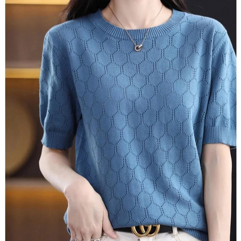 Commute All-match Solid Color Knitted T-shirt for Female Fashion Comfortable Round Neck Casual Pullovers Tops Women\'s Clothing