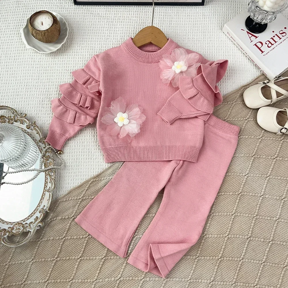Autumn/Winter Casual Knitted Suit 2-6 Year Old Girls' Three Dimensional Flower Lace Sweater+Pants Two Piece Set Korean Version
