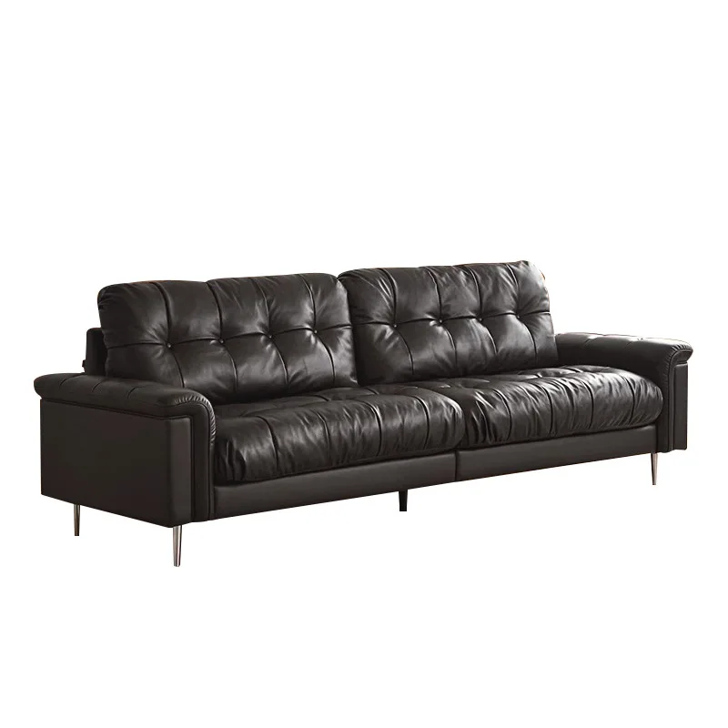 

Retro black leather sofa antique living room small apartment down designer straight row of three people
