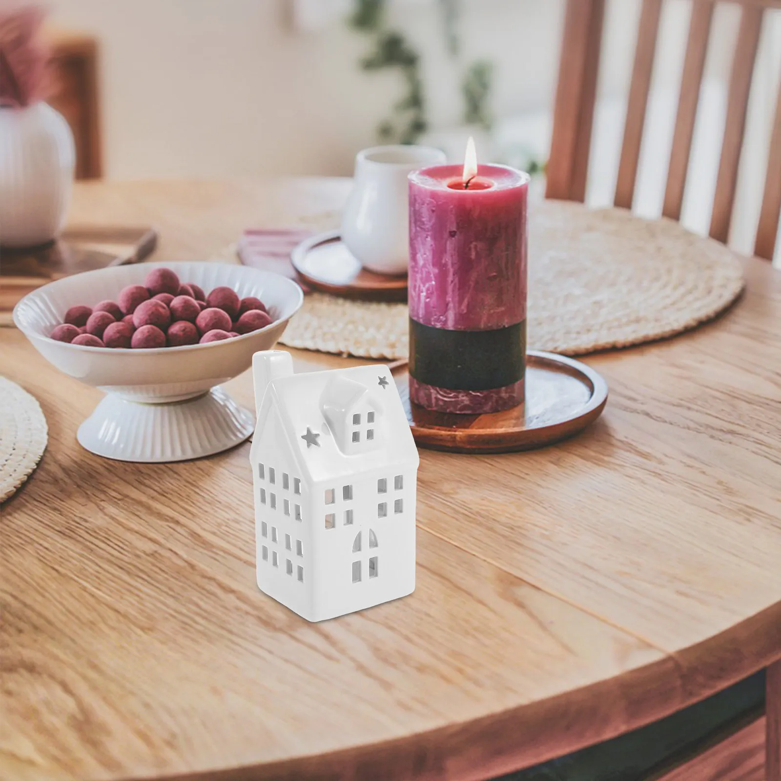 Ceramic Hollowed Cottage Tealight Holder Decorative Winter Holiday Centerpiece Coffee Table Decor Farmhouse Stand