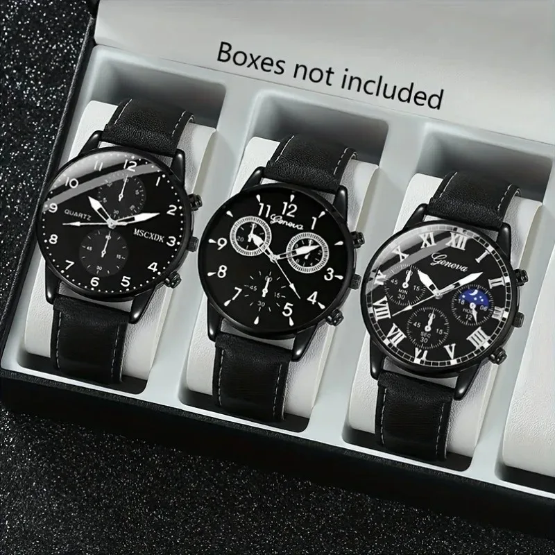 Stylish Men's Quartz Trio Watch, Round Case, PU Leather Strap, Alloy Case, Electronic Drive - 3 Piece Combination Watch