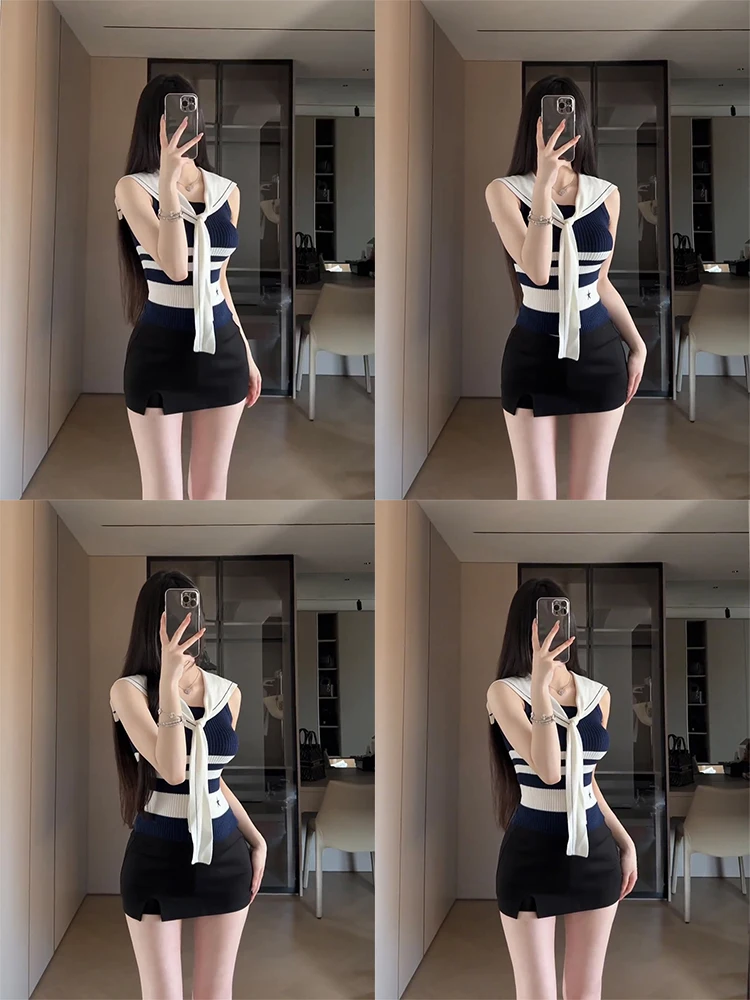 Look Navy Stripe Knitted Vest Women's Slim Fit Svel oulder Bared Outerwear Summer Faion Trend Belted Versatile