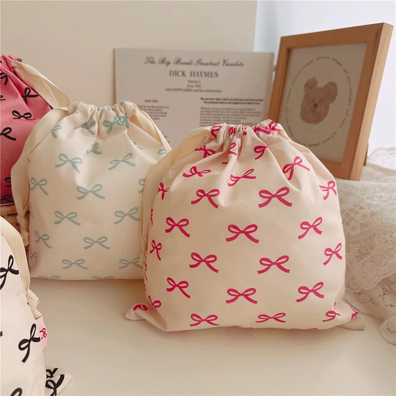 Cute Pink Bowknot Print Travel Skincare Drawstring Storage Bag Makeup Bag Underwear Clothing Storage Bag