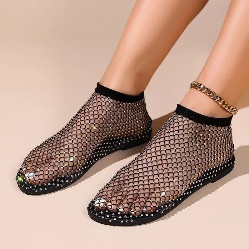 

NEW Fashion Women's Flat Sandals Crystal Martin Boots Fishing Net Sandals Flat Bottom Footware Flat Party Shoes Zapatillas Mujer