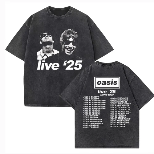 OASIS Live 25 Tour 2025 Vintage verano manga corta camisetas lavadas definitivamente tal vez álbumes de banda de Rock camiseta de calle