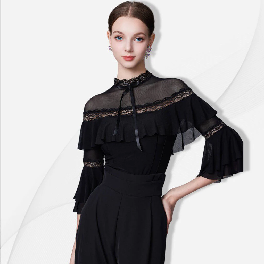 

Новинка 2026: Топы для бальных танцев из сетки и кружева с рукавом до локтя, одежда для тренировок, платья для самбы, ча-ча-ча, танго, костюмы для латиноамериканских танцев DN23276