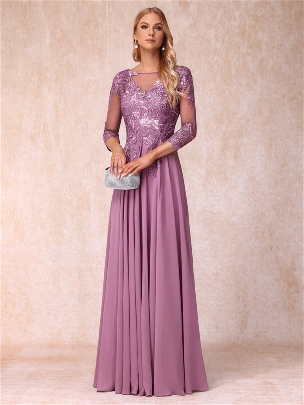 Sequins Appliques Chiffon Mother of thebride Dresses for Wedding Sheer-Neck Three Quarter Sleeve Formal Evening Gown Party Dress