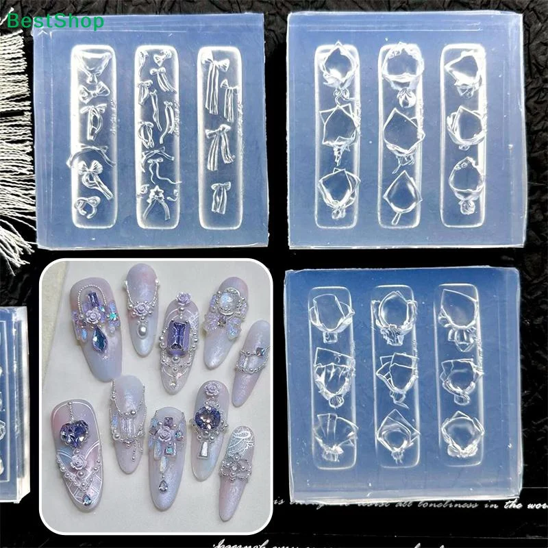 ✂Bow & Rose Nail Art Silicone Molds,3D Carving Stencils for UV/Polymer Gel, DIY Manicure Decorations