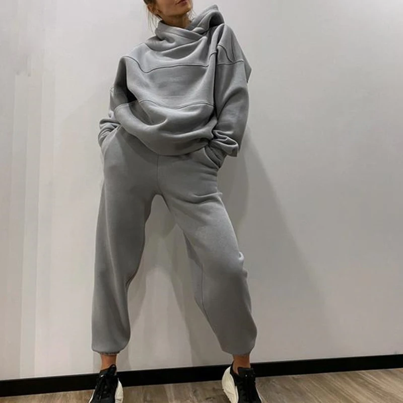 Women Fleece Two Piece Set Oversize Hoodie Sweatshirt And Jogger Trouser Tracksuits 2023 Autumn Winter Female Casual Sports Suit