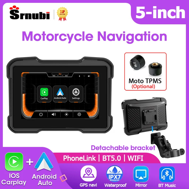 

Srnubi 5" Carplay Motorcycle Navigation GPS Wireless CarPlay Android Auto Multimedia Player Monitor with Removable Bracket TPMS