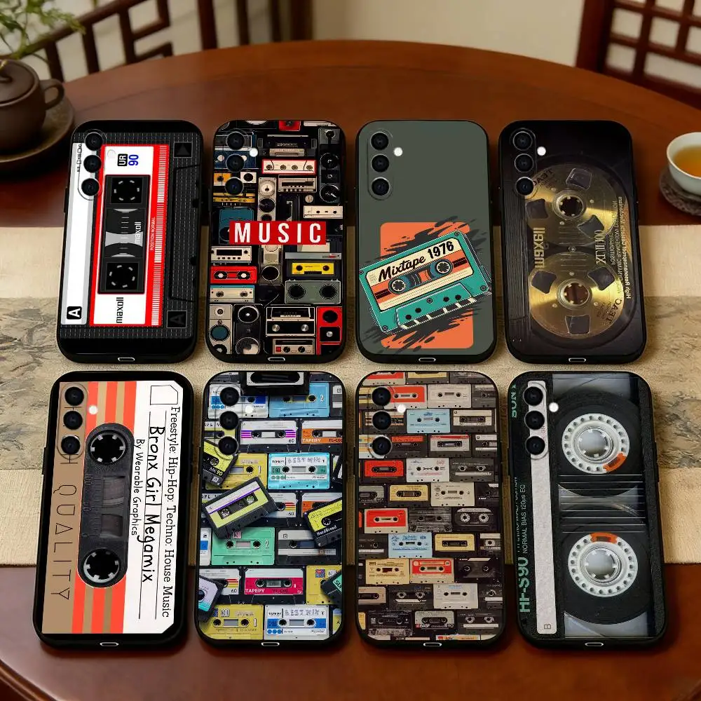 R-Retro Cassette Tape Print Phone Case For Samsung Galaxy A73,A72,A71,A70,A53,A52,A51,Soft Silicone Black Cover
