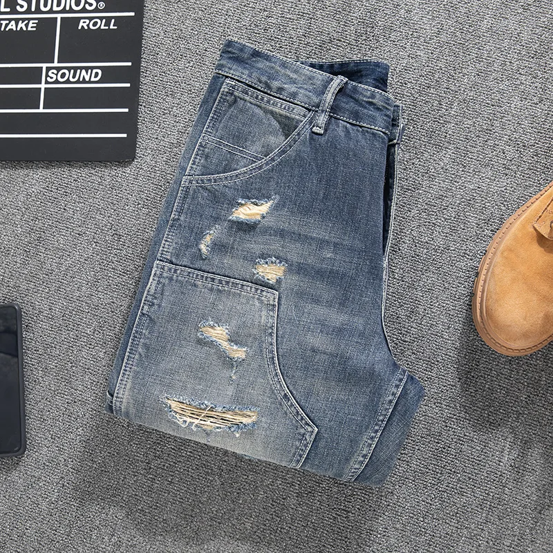 

Retro and nostalgic loose straight leg jeans for men with perforated patchwork design, street vintage denim pants