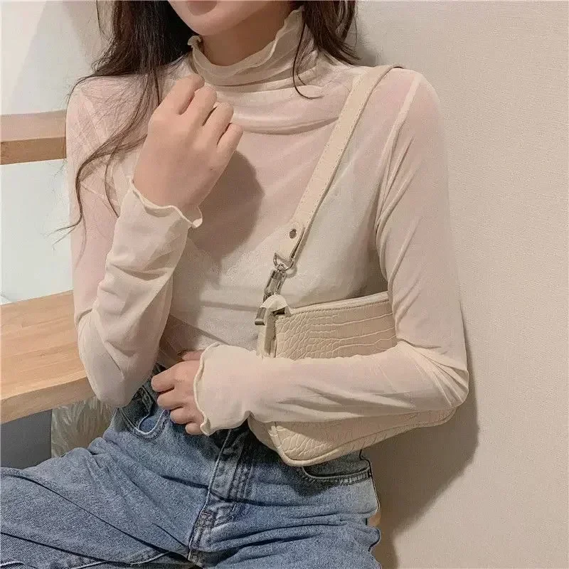 High Neck Sheer Mesh Top Women Clothing Long Sleeve Turtleneck T-shirt Korean Sexy See Through Black White Beige Shirt New