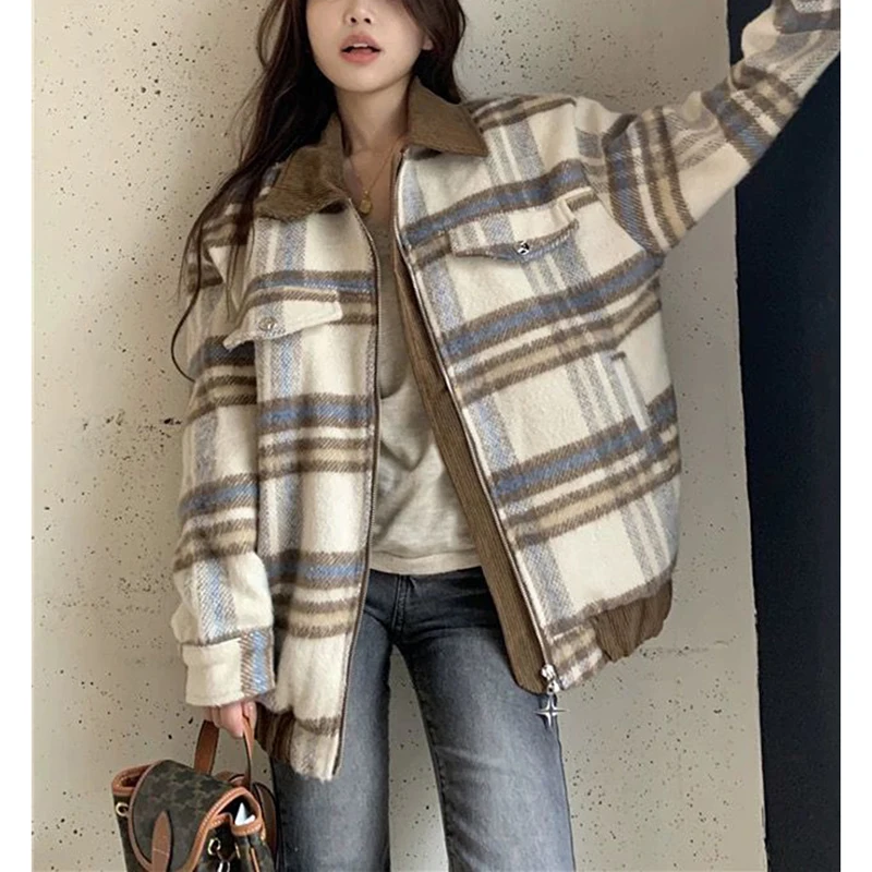 American Tweed Jackets Women Fall Winter Loose Casual Patchwork Plaid Coats Fashion Streetwear Female Autumn All Match Outwear