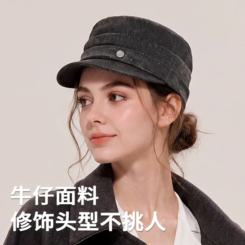 Vintage Pleated Flat-Top Cowboy Equestrian Hat for Women Trendy Denim Cap Small-Town Chic Outfit Recommended Baseball Cap