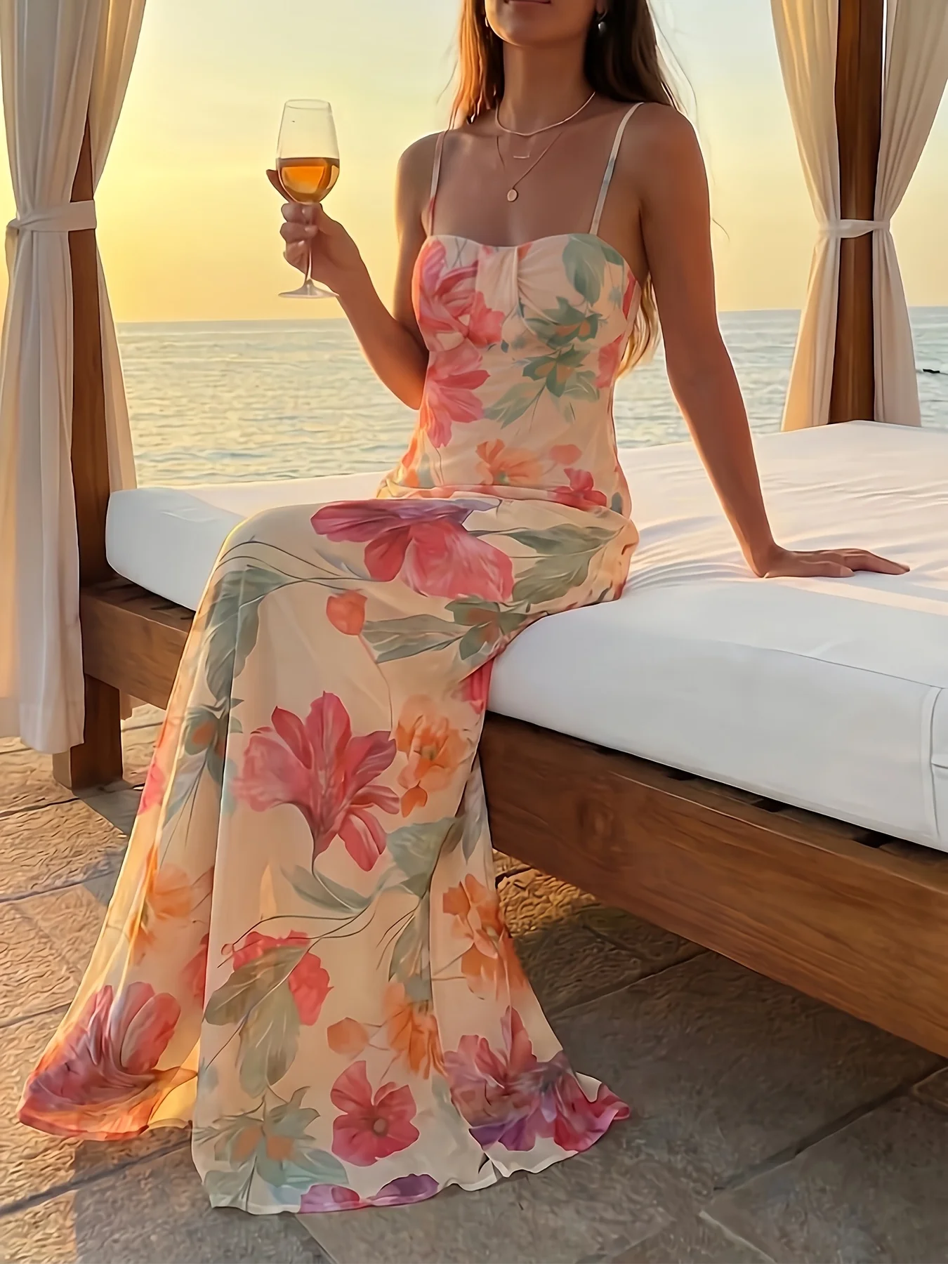 Elegant and stylish, this new floral-print halter-neck V-neck waist-cinching dress is perfect for women's spring and summer casu