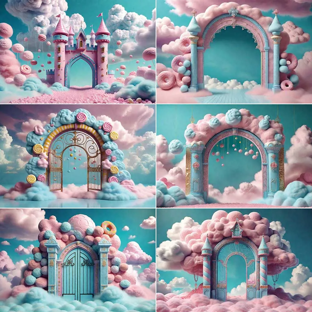 

MOON.QG Candyland Clouds Arch Photography Backdrops Boy Birthday Party Decoration Photozone Backgrounds Studio Photobooth Props