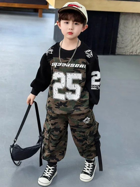 クールな迷彩柄スウェットセットアップ-男の子用-春の新作-ストリートファッション-子供用スポーツウェア-カジュアル-ツーピーススーツ-通気性抜群