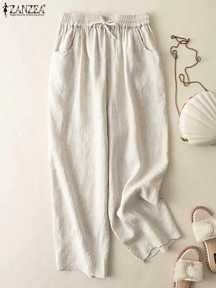 2024 Summer Cotton Trousers ZANZEA Oversize Turnip Women Elastic Waist Pantalon Casual Work Palazzo Elegant Loose Wide Leg Pants