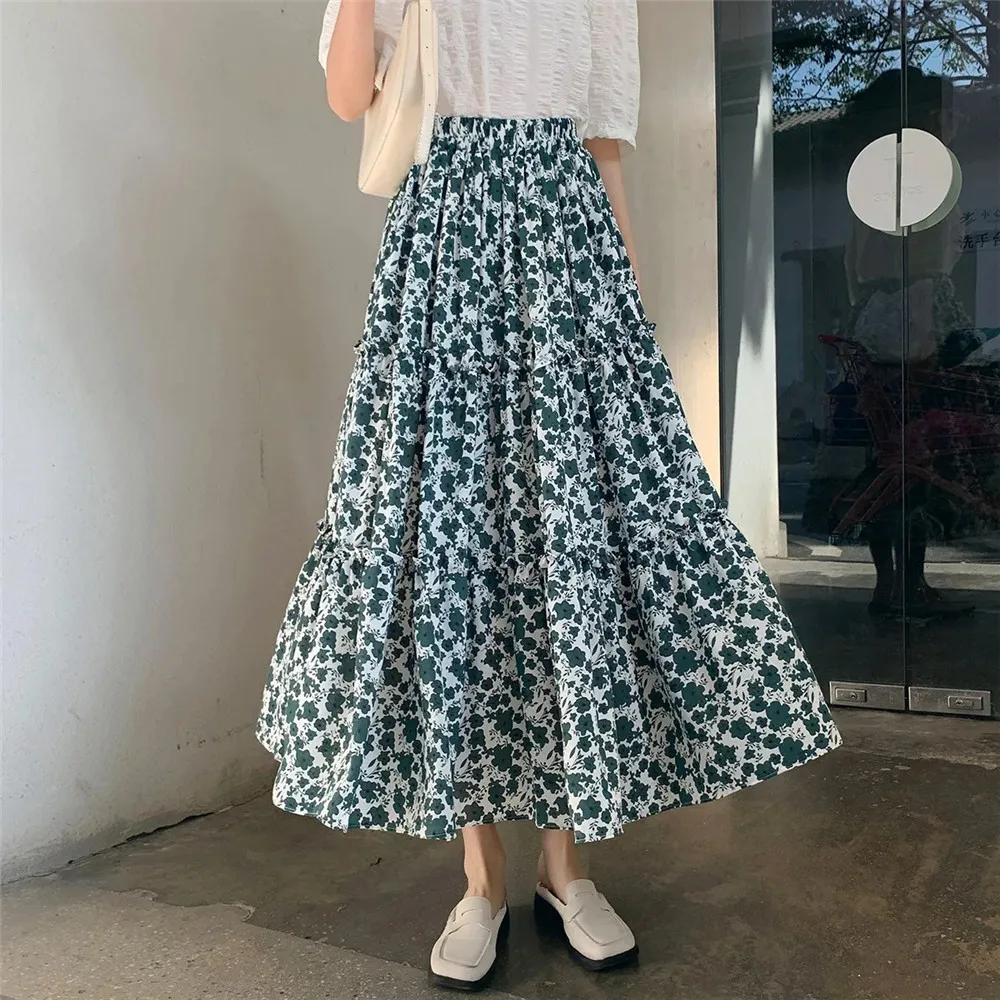 Bloemen Chiffon Ruche Geplooide Rok Vrouwen Casual Koreaanse Zoete Mode Hoge Taille A-Lijn Rok Dame Temperament Vintage Classic