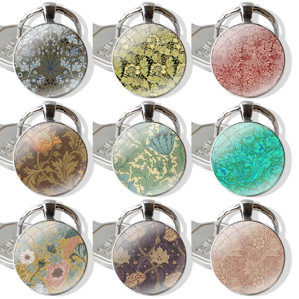 William Morris Anemone Keychain Handmade Glass Cabochon Key Ring Holder Pendant Key Chains