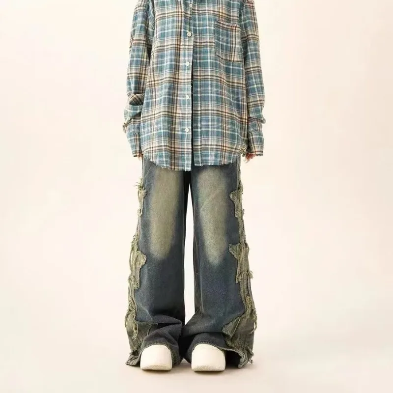 ANJY Autumn Winter New Women's Spliced Star Niche Chic Tide Loose Wide-Leg Jeans American High Street Fashion Denim Pants A14830