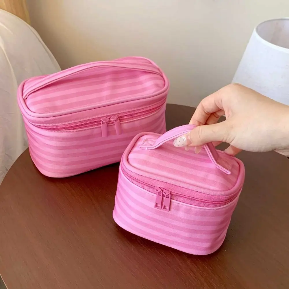 New Pink Stripe Makeup Bag Handheld with Mirror Toiletry Bag Large Capacity Lightweight Cosmetic Storage Bag Makeup Organizer
