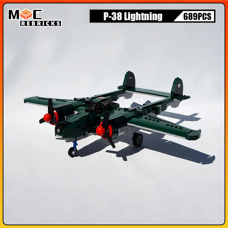 

WW2 Air Battle Military Bomber Lockheed P-38 Lightning Fighter MOC Building Block Technology Aircraft Model Kid's DIY Bricks Toy