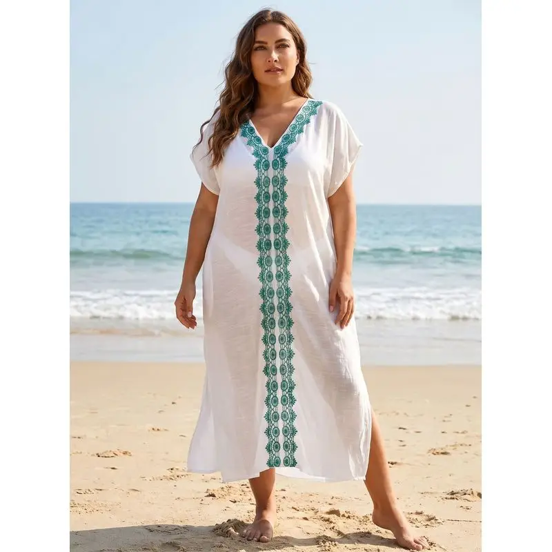 Women's Bamboo Cotton Beach Cover Up Oversized V Neck Embroidered Kaftan Swim Cover Up for Beach Vacation Resort Pool Party