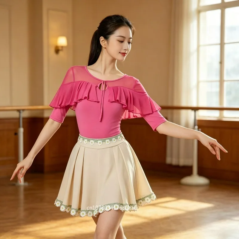 

Women Black Tulle Panel Latin Dance Top Mid Sleeve Summer Samba Jitterbug Modern Line Dance Performance Costume Dancewear