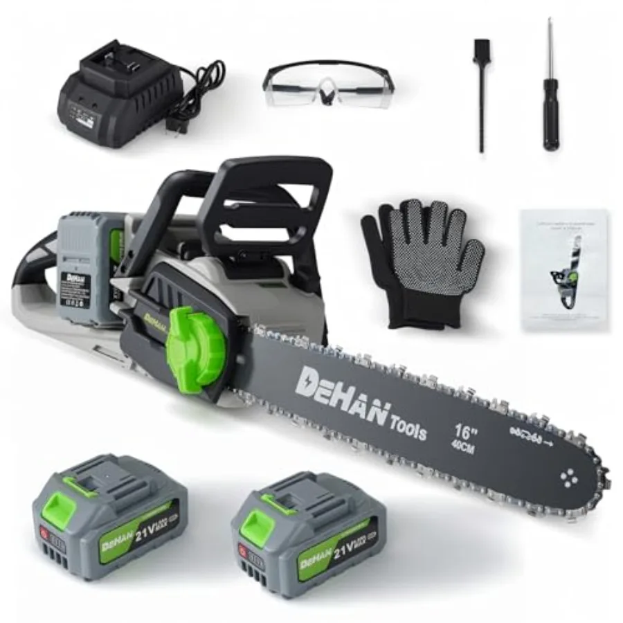 

16-дюймовая бесщеточная электрическая цепная пила с 2 аккумуляторами 4.0 Ач 21В, натяжением цепи без инструментов, мгновенным тормозом цепи и прозрачным окошком