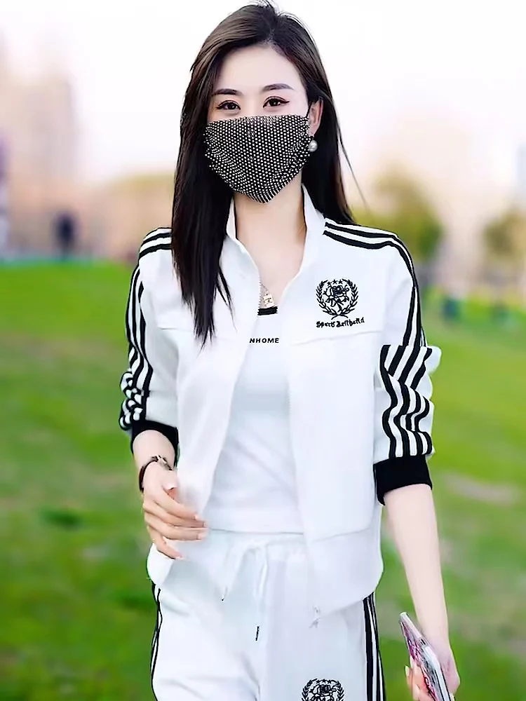Women Outdoor Two Piece Running Set Side Striped Stand Collar Top Wide Leg Pants Jogging Tracksuit Autumn Training Sport Suit