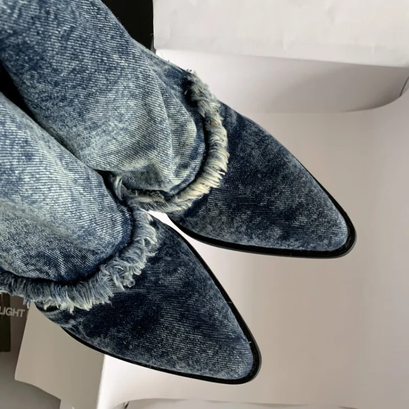 2024 Gray Black Denim Tie-Dye Chelsea Boots 6cm Slope Heel Tassel Vintage Mid Calf Short Boots Spring/Autumn Women's Boots 34-42