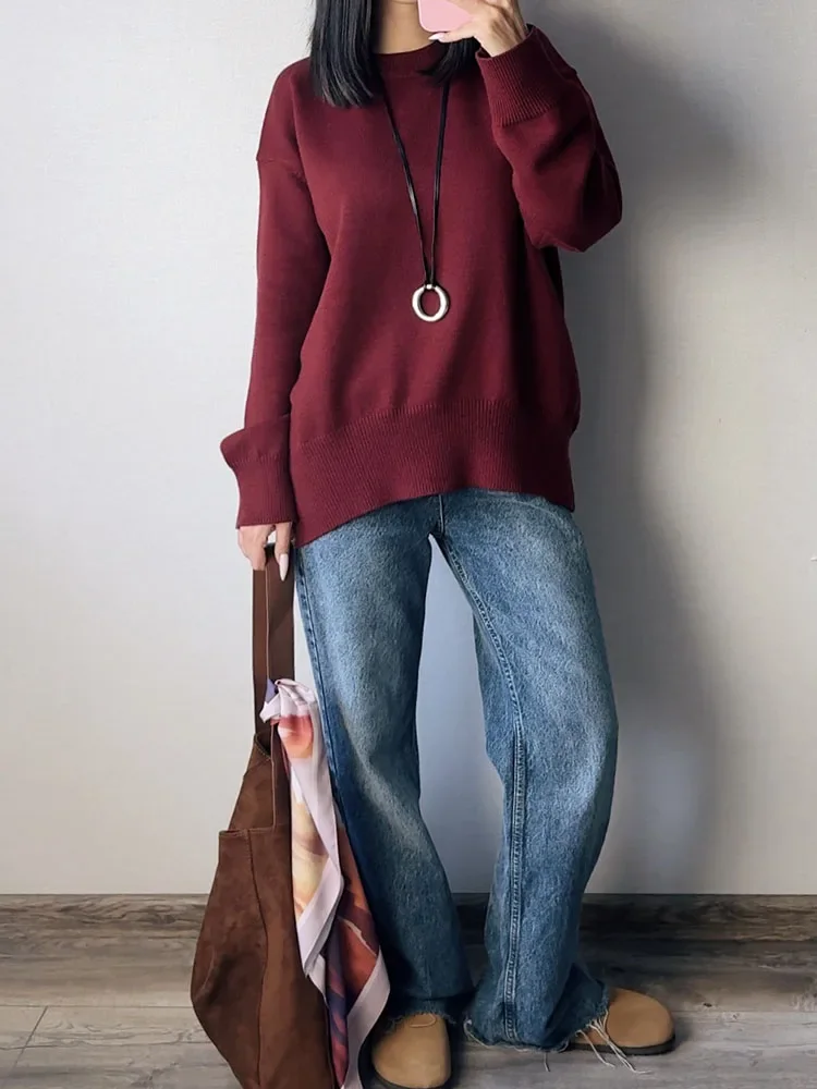 MiuKoMiYa Damski Zimowy Sweter Oversize Bordowy Dekolt Okrągły Vintage Luźne Swetry Świąteczne Eleganckie Bluzki Damskie — zdjęcie 2
