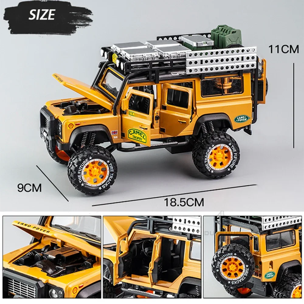 1:28 Land Rover Defender Toy Car Camel Trophy Alloy Diecast Pull Back Model Sound Light Metal Vehicles Children Gifts Collection