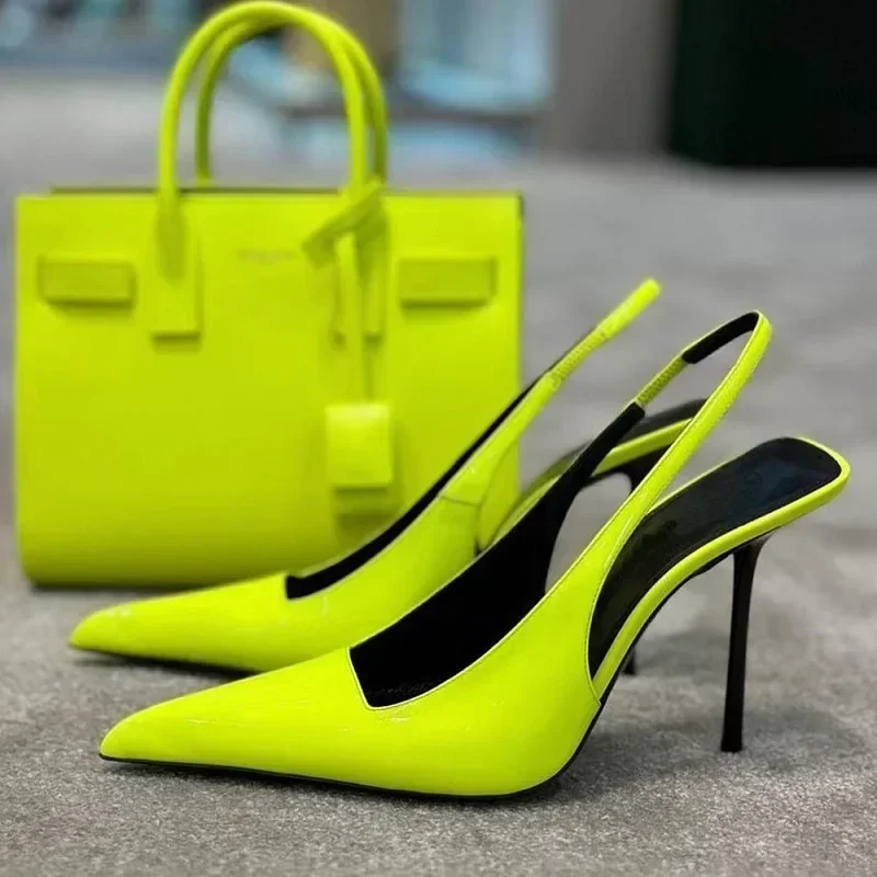 

Элегантные женские пикантные туфли на тонком высоком каблуке с острым носком, женские туфли-лодочки с открытой пяткой, роскошные лакированные кожаные сандалии на высоком каблуке, банкетные туфли на каблуке