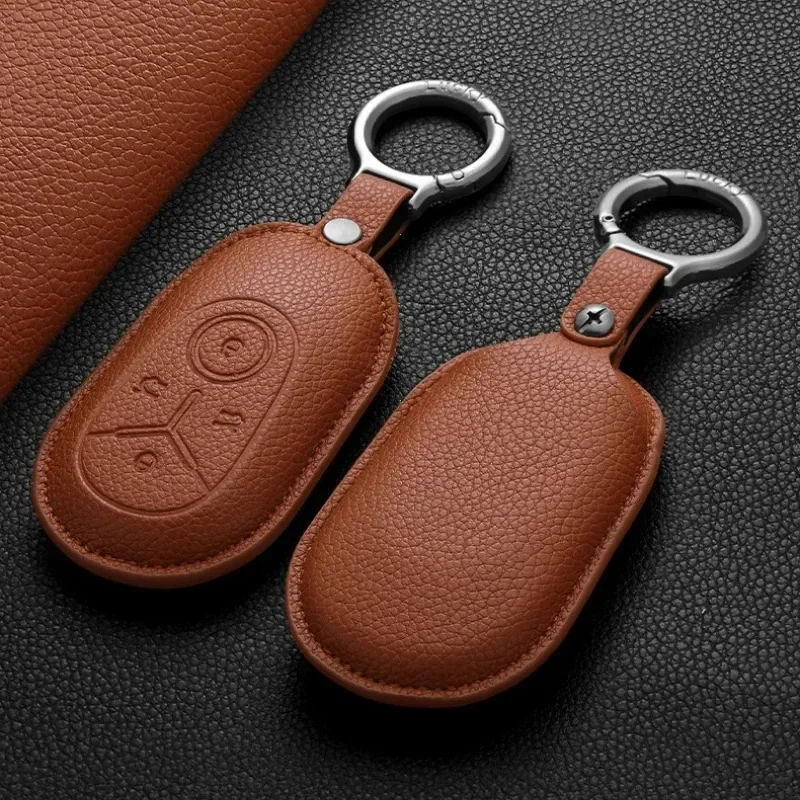 Geome Xingyuan leather key fob case - grey, brown and black