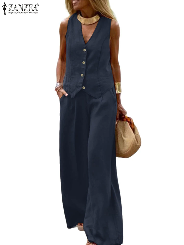 

ZANZEA Woman Commute 2 Piece Sets V-Neck Sleeveless Vests Tops Wide Leg Pant Elegant Old Money Style Pant Sets Two Piece Outfits