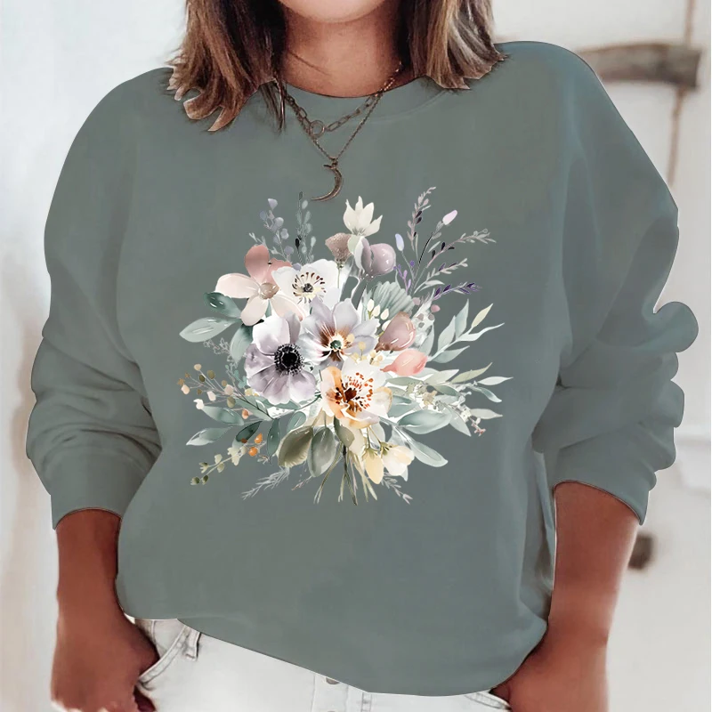 Casual Vintage Dames Sweatshirts Aquarel Bloemenprint Hoodie Losse Ronde Hals Pullover Met Lange Mouwen Boho Wilde Bloem Hoodies