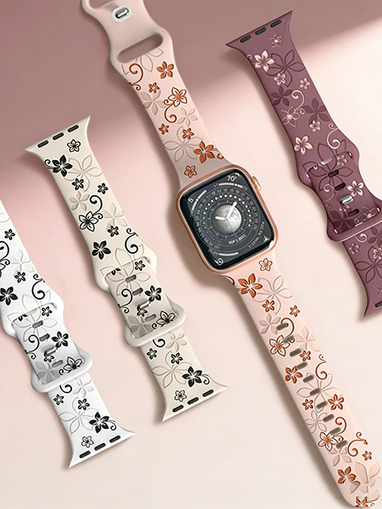 Engraved flower Strap For Apple Watch Band 45 44 42 41 40 44 mm Silicone Correa Bracelet iWatch Series 11 10 9 8 7 SE 6 5 Ultra